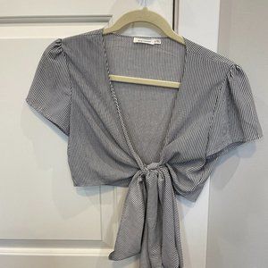 Nautical Cropped Satin Knotted Blouse